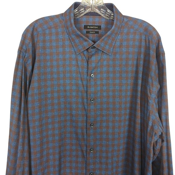 Bugatchi Classic Fit Mens Brown Blue Checkered Long Sleeve Button-Up Shirt sz XL - Picture 3 of 16